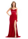 ASHLEYlauren 12075 | Red fitted velvet gown featuring sparkling beaded detail, strapless silhouette, and elegant long train.