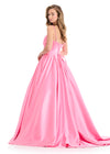 ASHLEYlauren 12086 | Candy-Pink satin ball gown with beaded bodice, asymmetrical straps, and sweeping full skirt.