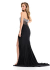 ASHLEYlauren 12087 | Black jersey gown with press-on sequin beaded bodice, ruched slit skirt, and sweeping train.