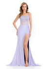 ASHLEYlauren 12087 | Lilac fitted evening gown featuring sparkling sequin detail, side slit, and elegant flowing train.