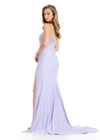 ASHLEYlauren 12087 | Lilac jersey gown with fully beaded sequin bodice, ruched slit skirt, and floor-sweeping train.