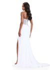 ASHLEYlauren 12087 | White jersey evening gown with fully beaded bodice, ruched side slit skirt, and sweeping train.