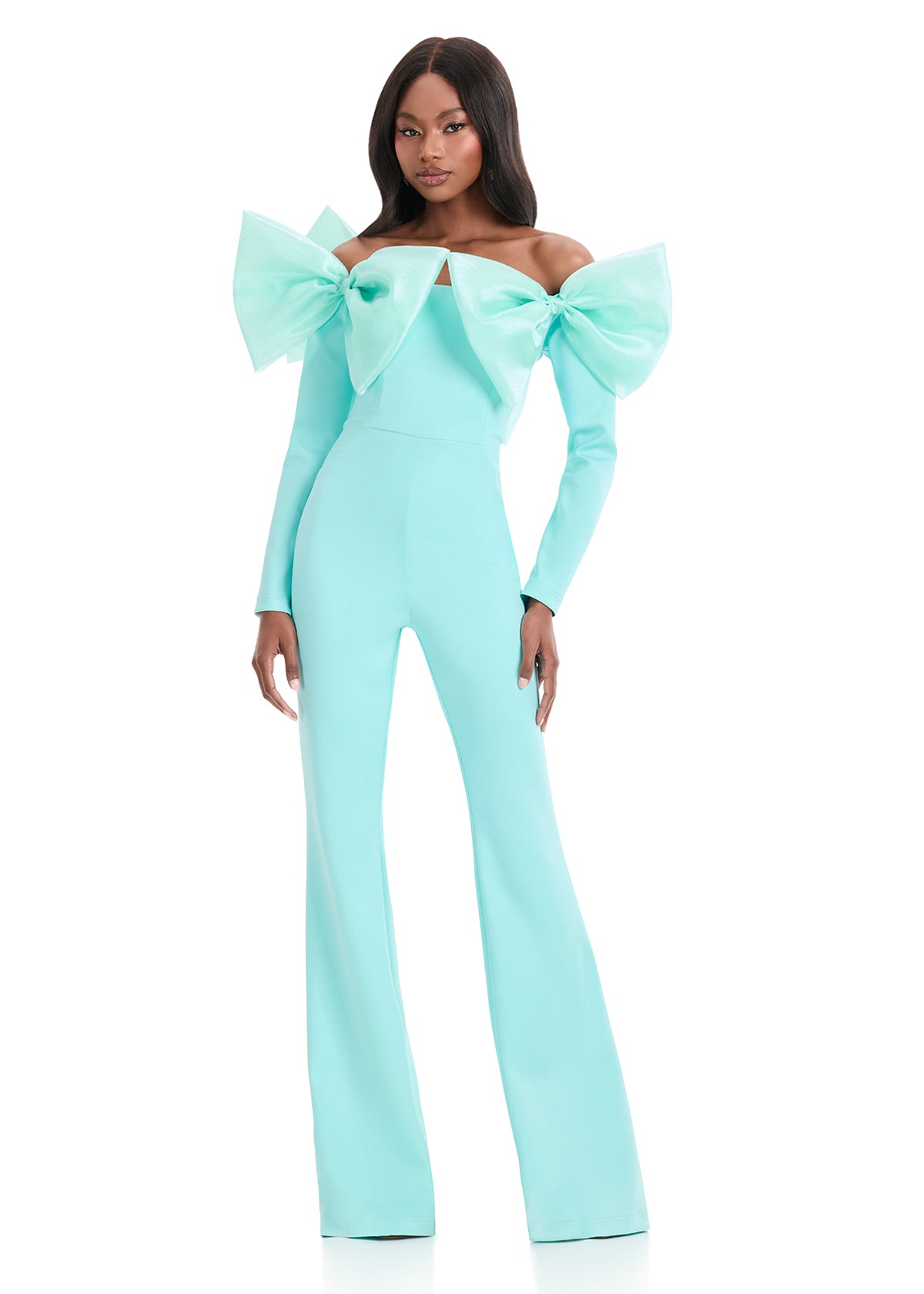 ASHLEYlauren 12090 – Off-Shoulder Bow Detail Scuba Jumpsuit