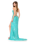 ASHLEYlauren 12149 | Aqua fully beaded fitted gown with plunging neckline, high slit, lace-up back, and sweeping train