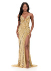 ASHLEYlauren 12149 | Gold beaded gown with shimmering embellishment, deep V neckline, high slit, and lace-up back