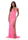ASHLEYlauren 12149 | Hot Pink beaded gown with contour beadwork, deep V neckline, bold slit, and dramatic train