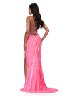 ASHLEYlauren 12149 | Hot Pink fully beaded fitted gown with plunging neckline, high slit, lace-up back, and sweeping train