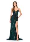 ASHLEYlauren 12149 | Nebula Green beaded gown with shimmering bead pattern, deep V neckline, high slit, and lace-up fit