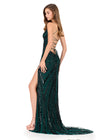 ASHLEYlauren 12149 | Nebula Green fully beaded fitted gown with plunging neckline, thigh slit, lace-up back, and dramatic train
