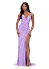 ASHLEYlauren 12149 | Orchid beaded gown with intricate shimmer beadwork, deep neckline, high slit, and lace-up detail
