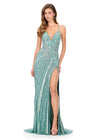 ASHLEYlauren 12149 | Sage beaded gown with contour beadwork, deep V neckline, thigh slit, and lace-up back