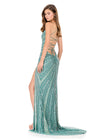 ASHLEYlauren 12149 | Sage fully beaded fitted gown with plunging neckline, high slit, lace-up back, and sweep train