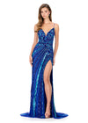 ASHLEYlauren 12149 | Turquoise-Royal fully beaded fitted gown with plunging neckline, high slit, lace-up back, and sweeping train