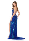 ASHLEYlauren 12149 | Turquoise-Royal fully beaded fitted gown with plunging neckline, high slit, lace-up back, and sweeping train