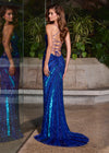 ASHLEYlauren Style 12149 | Turquoise/Royal embellished evening gown featuring intricate beadwork, deep V-neckline, thigh-high slit, adjustable lace-up back, and elegant fitted silhouette