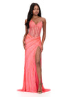 ASHLEYlauren 12150 | Electric Pink beaded gown with hourglass bead pattern, sweetheart neckline, thigh slit, and glamorous silhouette