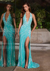 ASHLEYlauren Style 12151 | Aqua fully beaded halter gown with plunging V-neckline, open back, high slit, and fitted hourglass silhouette