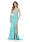 ASHLEYlauren 12151 | Aqua beaded halter gown with contour bead pattern, deep neckline, and dramatic slit