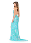ASHLEYlauren 12151 | Aqua fully beaded halter gown with plunging V neckline, high slit, and open back
