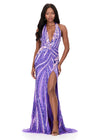 ASHLEYlauren 12151 | Orchid fully beaded halter gown with shimmering beadwork, bold slit, and open back