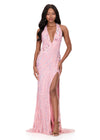ASHLEYlauren 12151 | Pink beaded halter gown with contour beadwork, deep V neckline, thigh slit, and open back