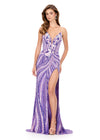 ASHLEYlauren 12152 | Orchid embellished strapless gown with dramatic slit, intricate beadwork, and lace up back