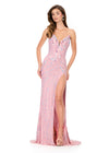 ASHLEYlauren 12152 | Pink beaded strapless gown with curve defining bead pattern, bold slit, and adjustable lace up back