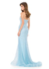 ASHLEYlauren 12157 | Sky blue one shoulder gown with bow detail, pearl accents, fitted silhouette, slit, and horsehair hem