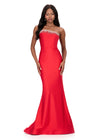 ASHLEYlauren 12163 | Red custom jersey gown with shimmering beaded neckline, curve-hugging fit, and dramatic sweep train