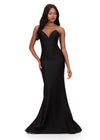 ASHLEYlauren 12165 | Black jersey gown with plunging neckline, fitted silhouette, slit skirt, and lace up finish