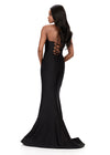 ASHLEYlauren 12165 | Black jersey gown with plunging V neckline, sleek fit, thigh slit, and lace up back