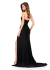 ASHLEYlauren 12168 | Black strapless jersey gown with embroidered lace bodice, ruched fitted skirt, slit, and sweep train
