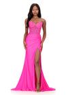 ASHLEYlauren 12168 | Hot Pink fitted jersey gown with lace bustier, slit skirt, and sweeping train