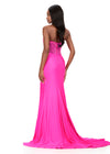 ASHLEYlauren 12168 | Hot Pink strapless gown with lace applique bodice, ruched jersey skirt, high slit, and sweep train