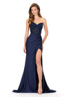 ASHLEYlauren 12168 | Navy lace bustier gown with fitted jersey skirt, wrap slit, and dramatic sweep train