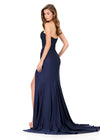 ASHLEYlauren 12168 | Navy strapless jersey gown with lace applique bodice, ruched fitted skirt, high slit, and sweep train
