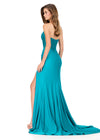 ASHLEYlauren 12168 | Teal strapless jersey gown with embroidered lace bustier, ruched skirt, high slit, and sweep train