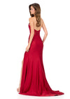 ASHLEYlauren 12169 | Burgundy fitted jersey gown with lace applique bustier, plunging V-neckline, slit skirt, and sweep train