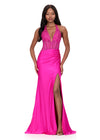 ASHLEYlauren 12169 | Fuchsia jersey gown with plunging neckline, corset lace details, and sweep train