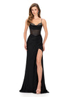 ASHLEYlauren 12173 | Black beaded bustier gown with fitted jersey silhouette and elegant draped skirt