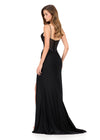 ASHLEYlauren 12173 | Black fitted jersey gown with beaded corset bodice, ruched waist, draped skirt, and sweeping train