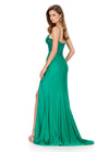 ASHLEYlauren 12173 | Emerald fitted jersey gown with beaded bodice, ruched waist, draped skirt, and sweeping train