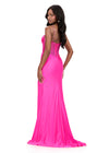 ASHLEYlauren 12173 | Fuchsia fitted jersey gown with beaded corset bodice, ruched waist, draped skirt, and sweep train