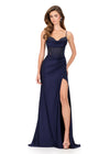 ASHLEYlauren 12173 | Navy beaded corset fitted gown with draped jersey skirt and graceful train