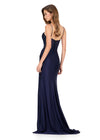 ASHLEYlauren 12173 | Navy fitted jersey gown with beaded bodice, ruched waist, draped skirt, and sweep train