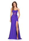 ASHLEYlauren 12173 | Purple fitted jersey gown with beaded bustier bodice, ruched waist, draped skirt, and sweeping train