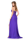 ASHLEYlauren 12173 | Purple fitted jersey gown with beaded bustier bodice, ruched waist, draped skirt, and sweeping train