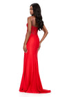 ASHLEYlauren 12173 | Red fitted jersey gown with beaded corset bustier, ruched waist, draped skirt, and sweeping train