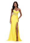 ASHLEYlauren 12173 | Yellow beaded bodice jersey gown with ruched waist, draped skirt, and elegant train