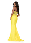 ASHLEYlauren 12173 | Yellow fitted jersey gown with beaded corset bustier, spaghetti straps, draped skirt, and sweeping train